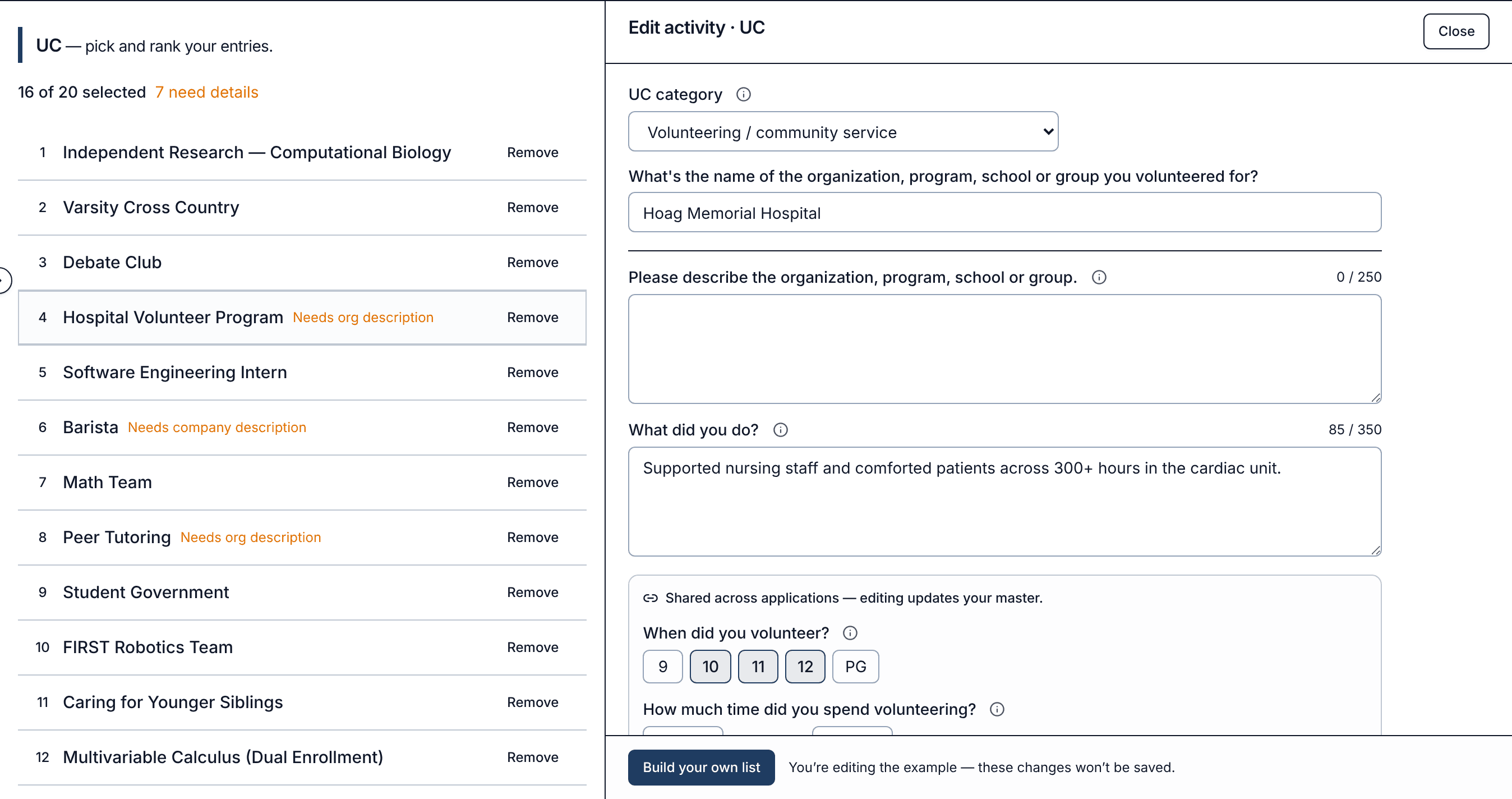 UC view in Activities: the ranked list of 16 of 20 entries with a 'Needs org description' flag, and the UC editor for a hospital volunteer program with UC's questions and a 350-character description