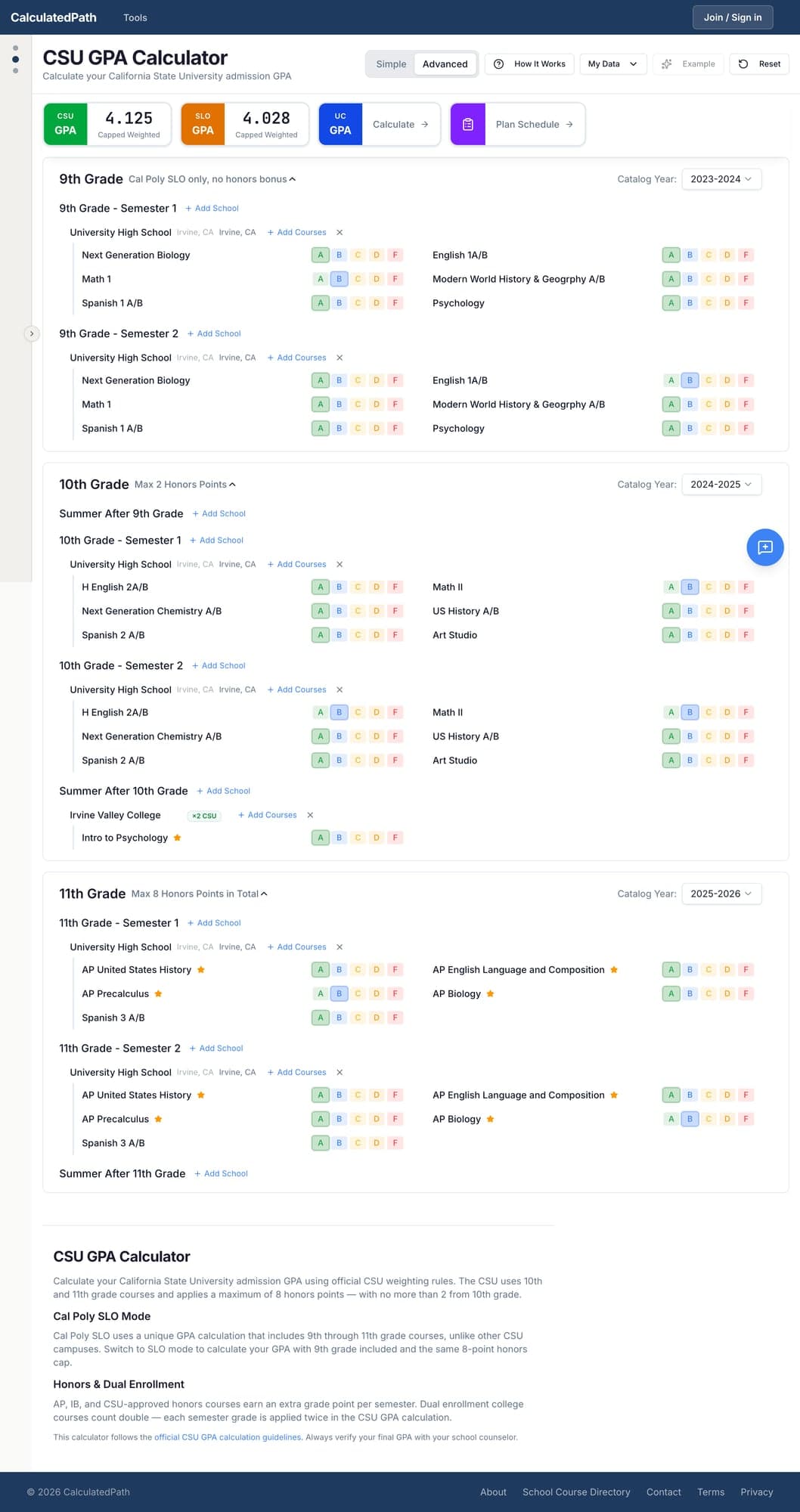 CSU GPA Calculator with Cal Poly SLO support