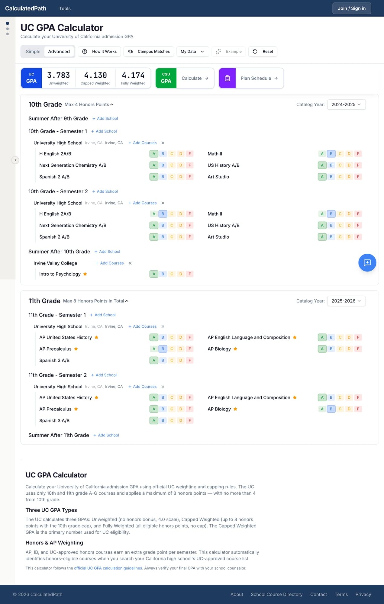 UC GPA Calculator showing weighted GPA calculation